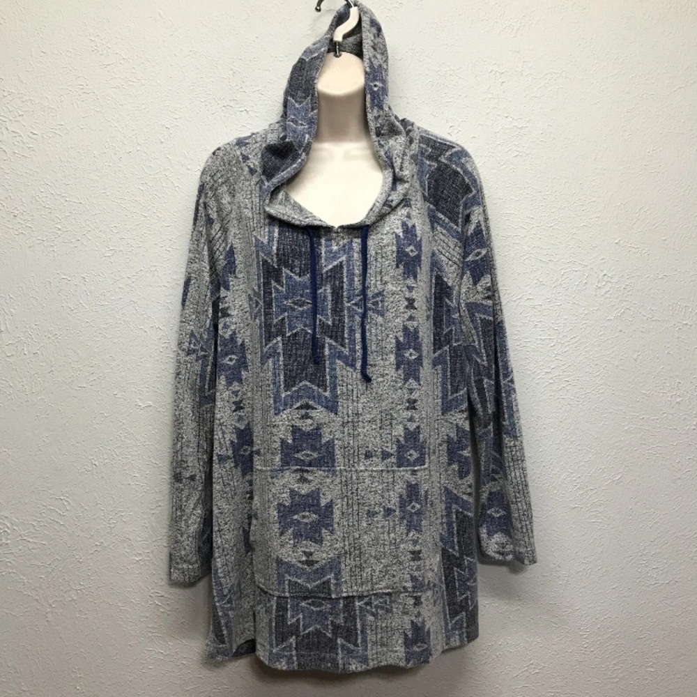 Panhandle Slim Hoodie Womens Plus 1X Blue Gray Aztec Long Sleeve Hooded Pullover